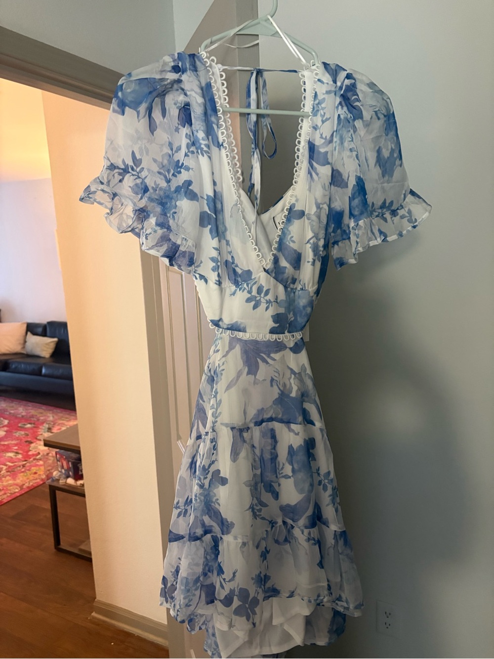 Hello Molly Blue and White Floral Ruffle Midi Dress